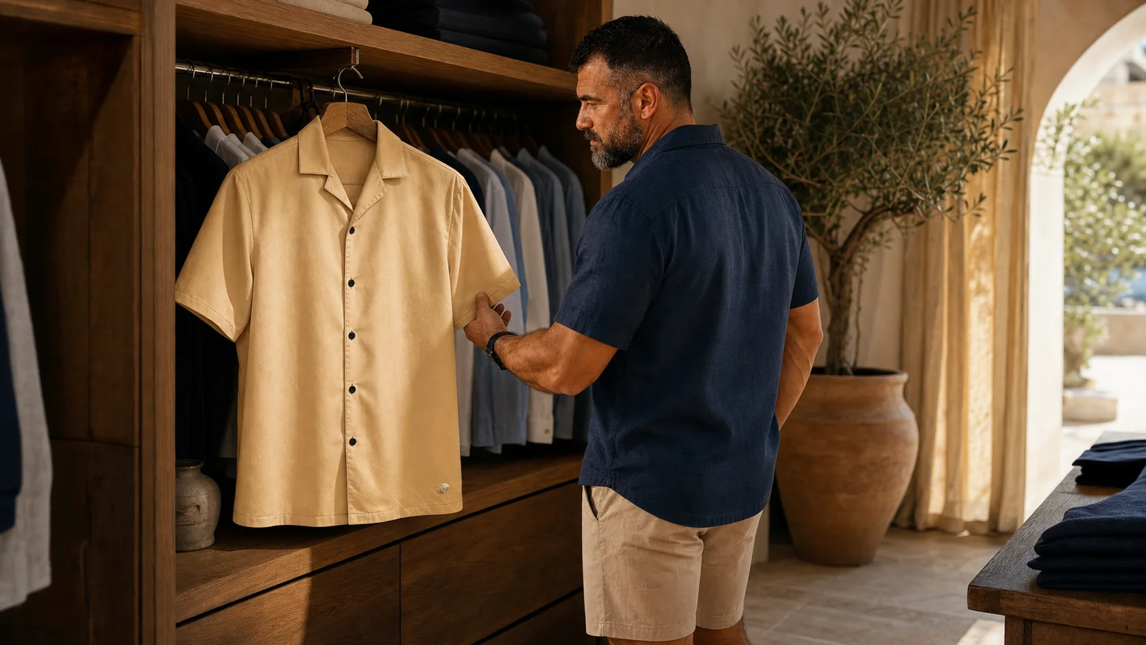 Man looking at a yellow men’s resort shirt on a hanger in a premium Mediterranean resort boutique