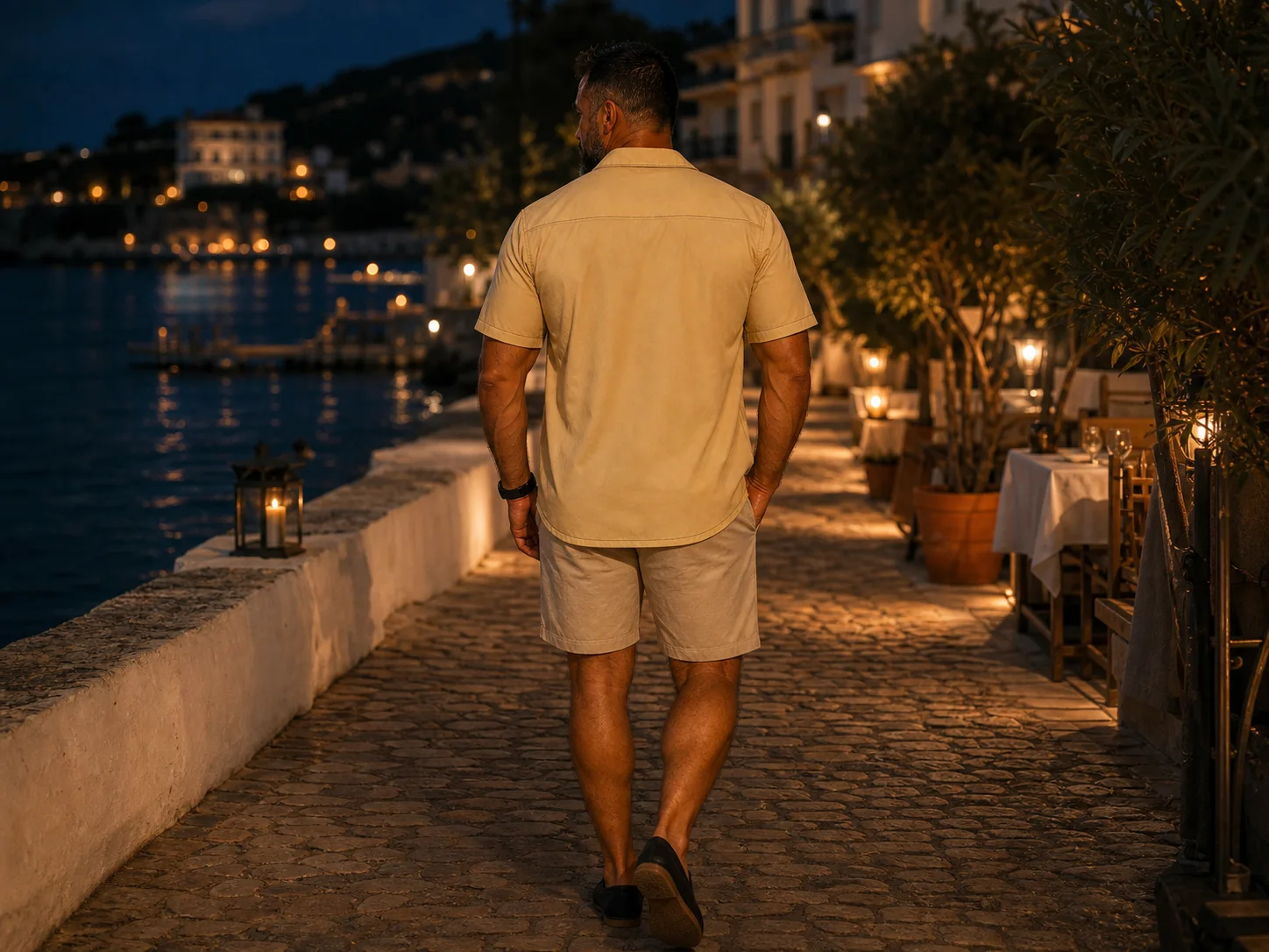 Man wearing a yellow resort shirt and beige shorts by the sea at sunset