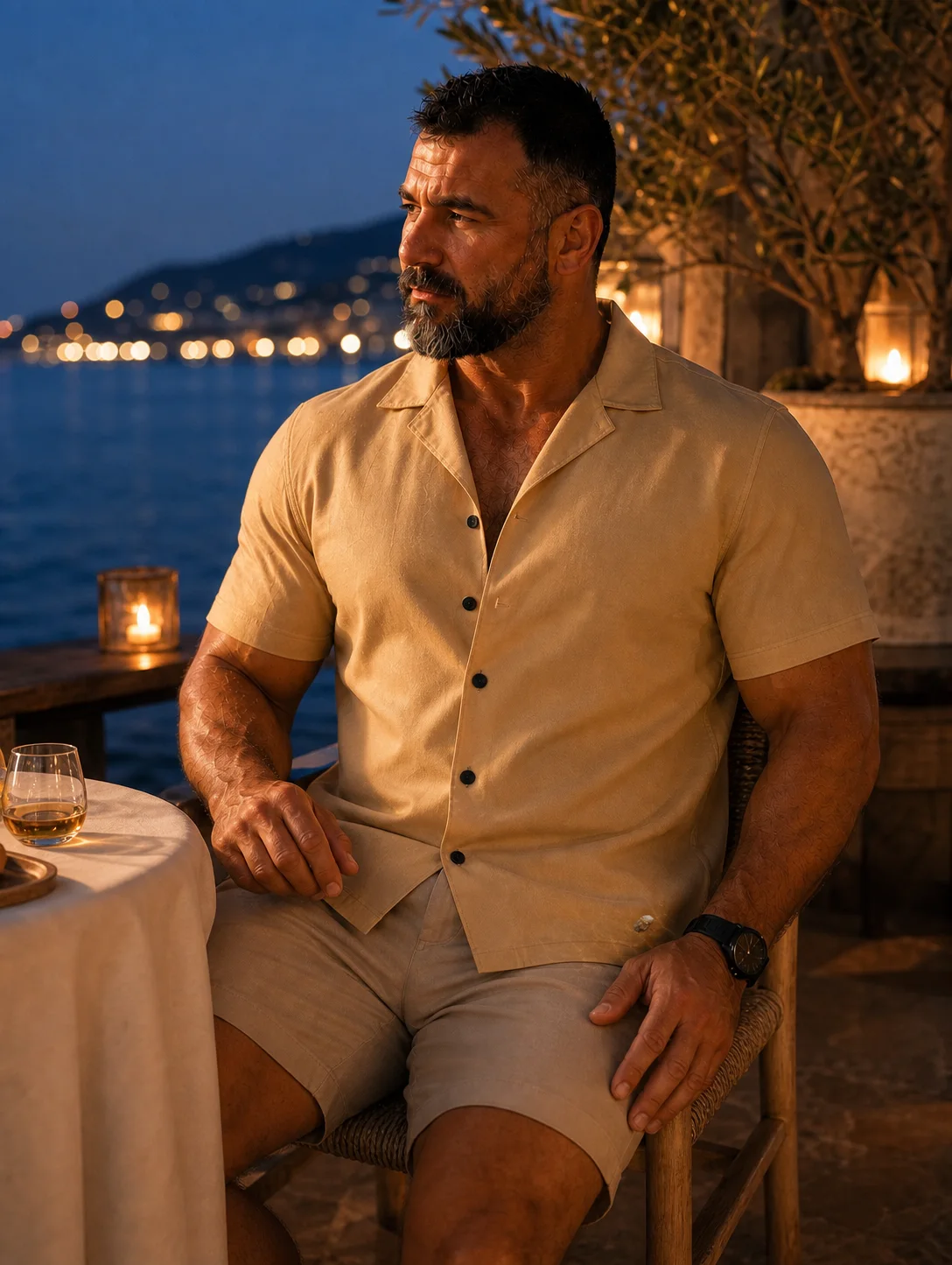 Man in a yellow resort shirt enjoying a candlelit dinner on the Mediterranean coast